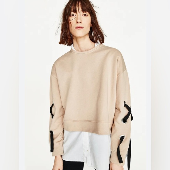 Zara Basics size medium tan lace up ribbon sleeve cropped sweatshirt - Picture 1 of 7